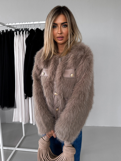 Hnědý krátký faux fur kožešinový kabátek GRISELDA