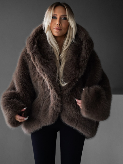 Hnědý faux fur luxusní kožešinový kabátek XADEN