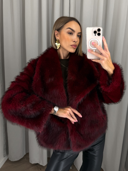 Vínový faux fur kožešinový kabát kožich VIVIENE