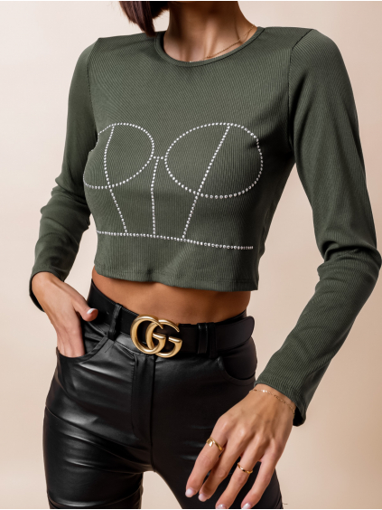 Khaki crop top AFRA s kamínky